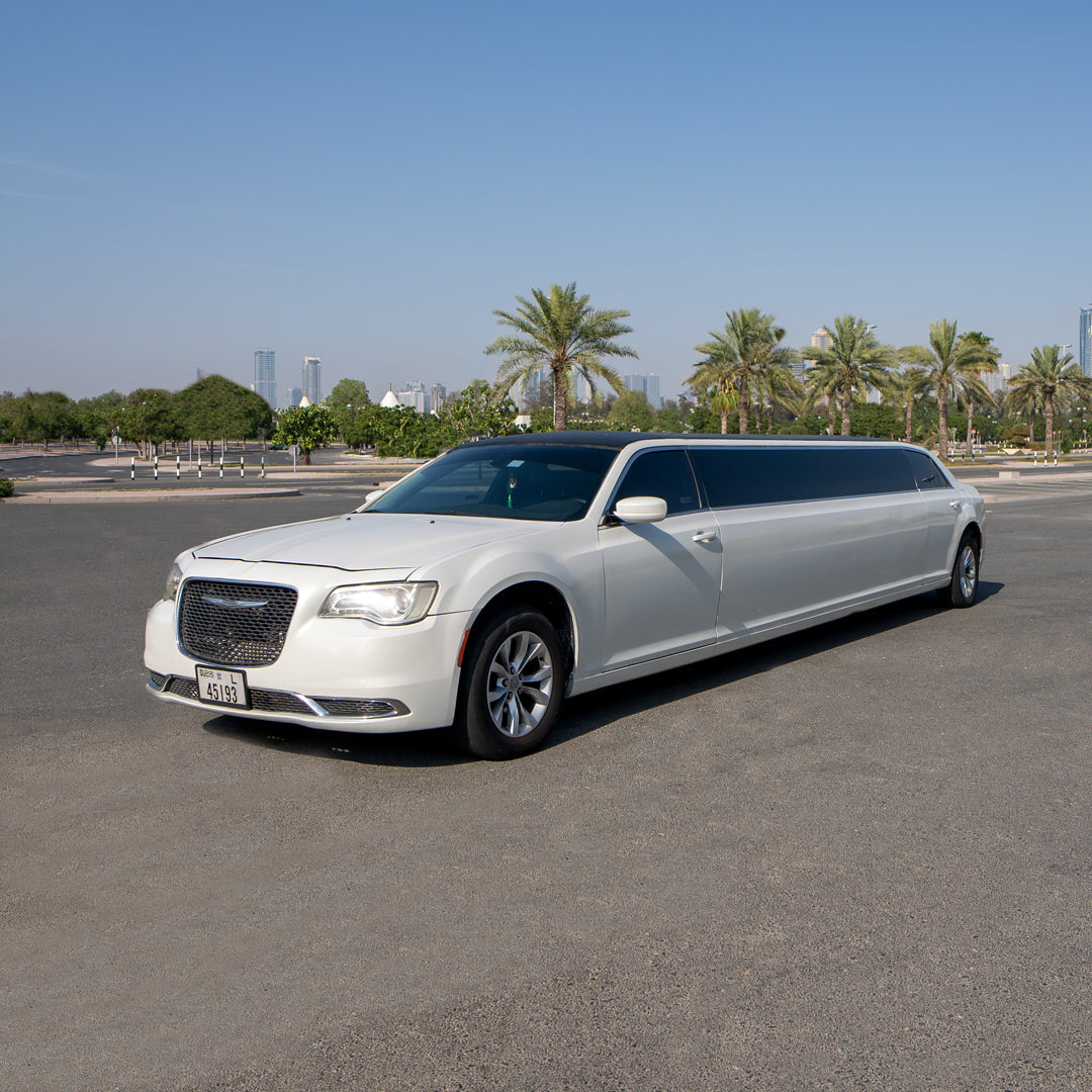 Chrysler White stretch limousine with chauffeur in Dubai